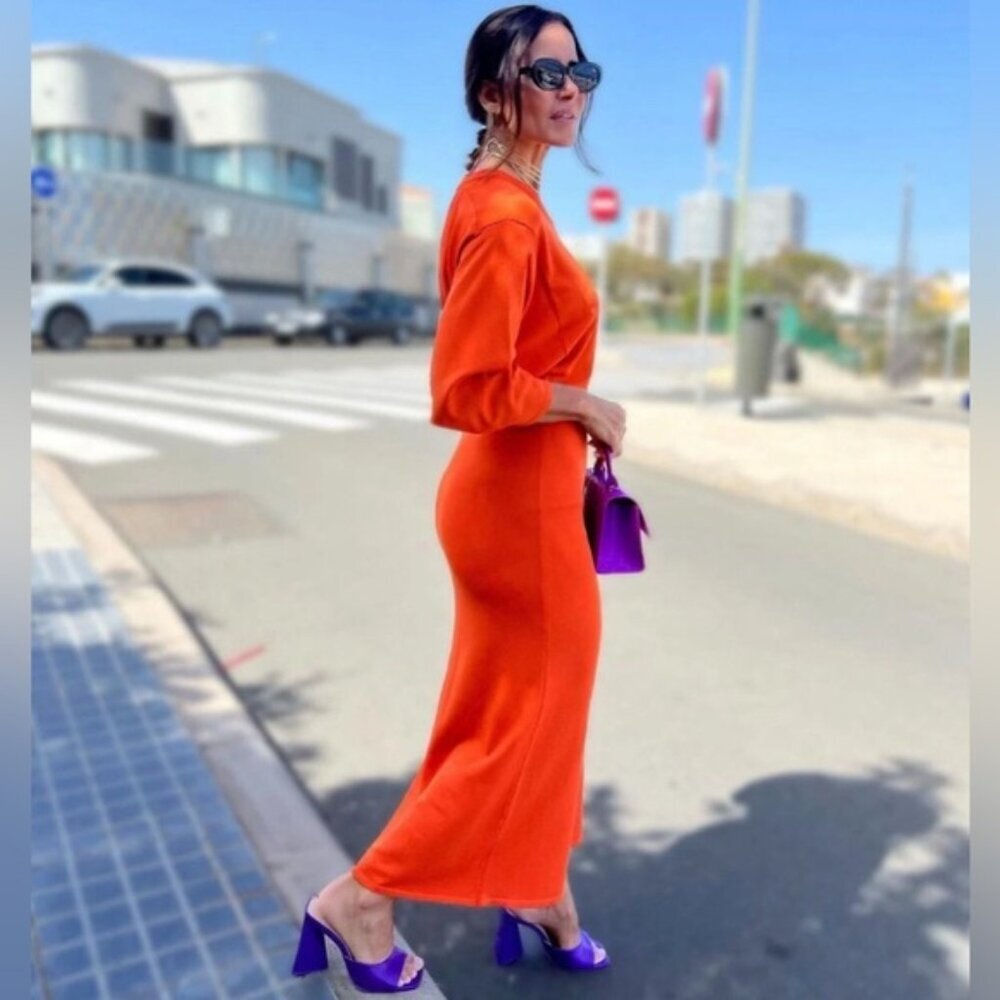 NWT‎ ZARA Open Back Knit Long Dress ORANGE 3390/119/615 MEDIUM